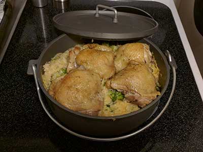 Dutch oven chicken with rice and broccoli